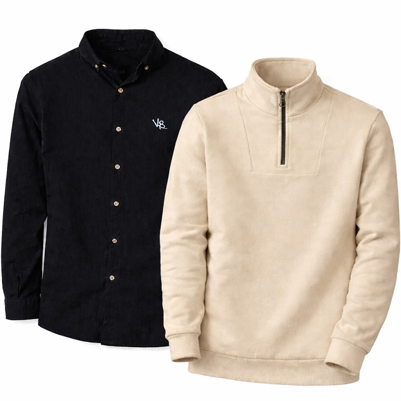 پکیج دورس مردانه نیم زیپ مدل Behbod-کرم  پیراهن مردانه مشکی VQ